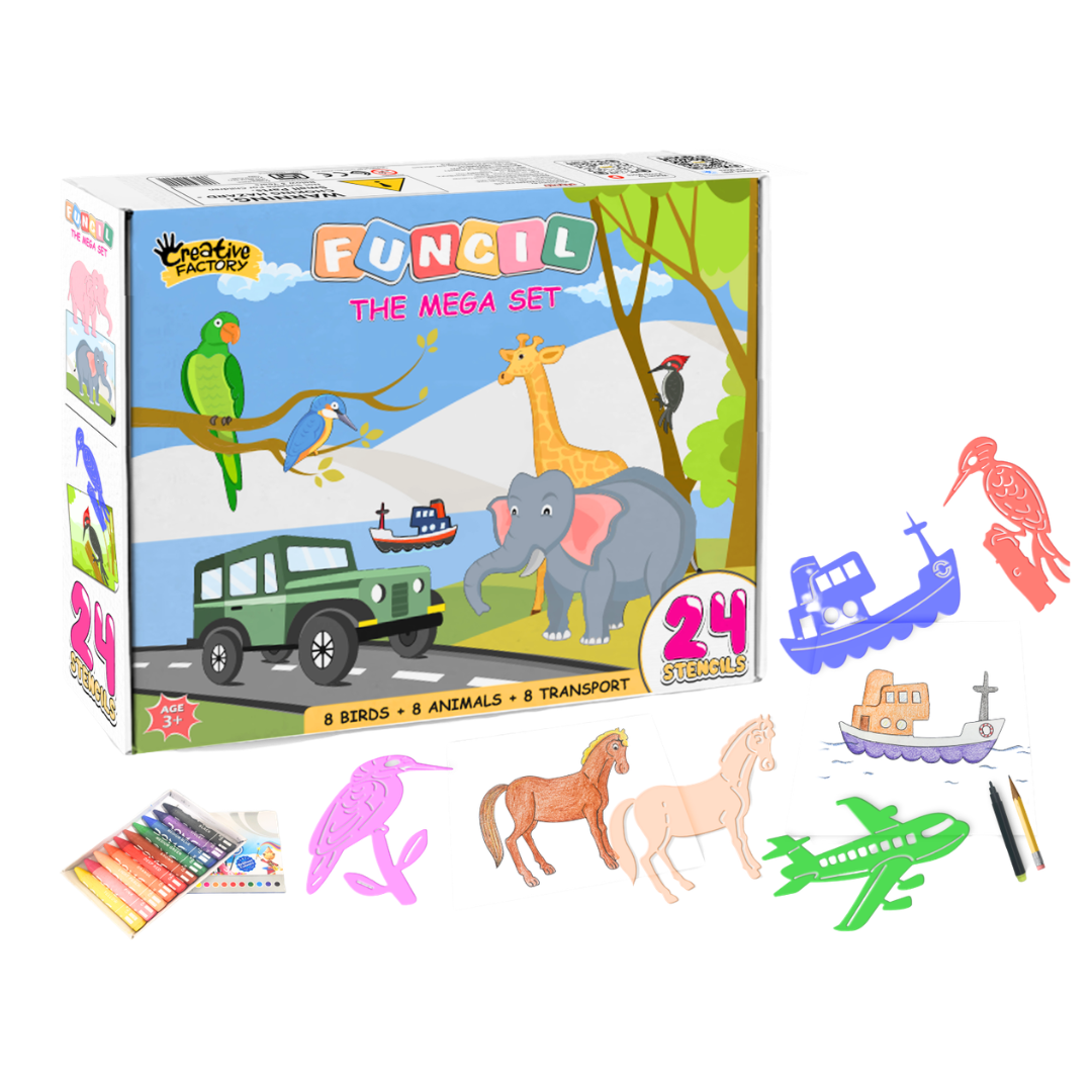 Funcils Mega 26 Piece Stencil Art Set with Crayons 3+ Years