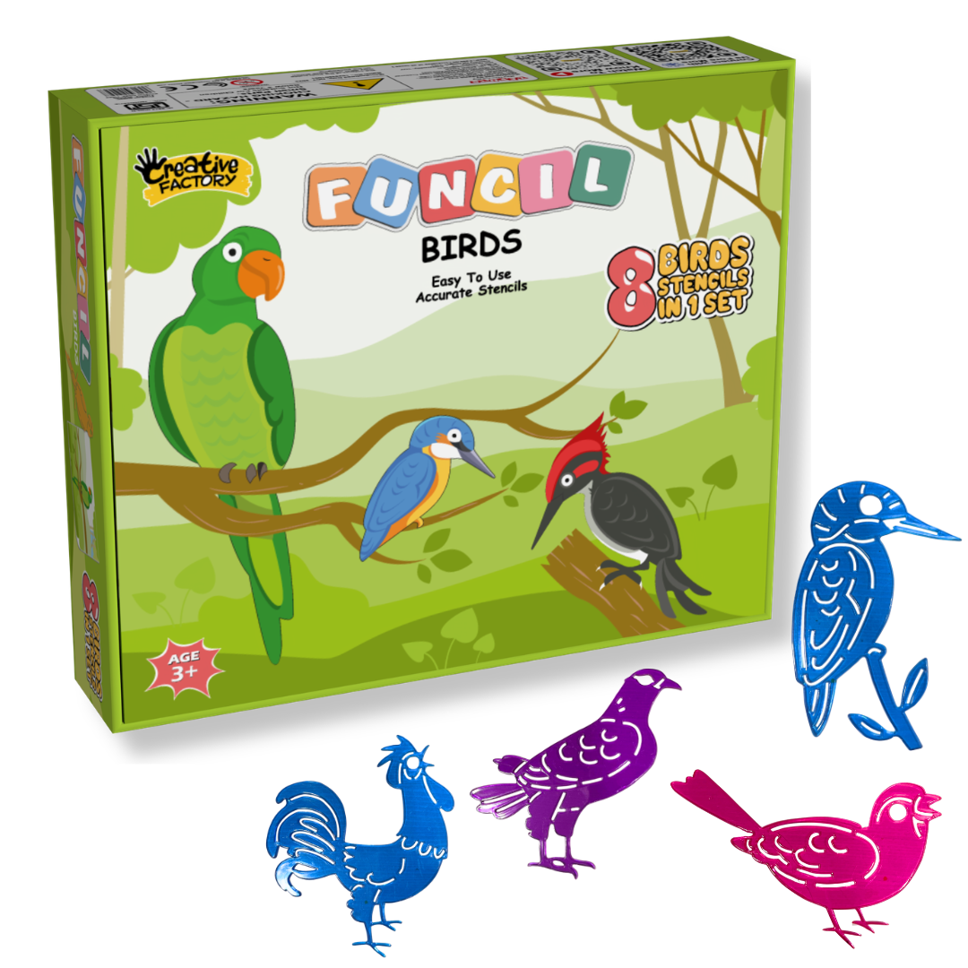 Funcils Birds Stencil Art 8 Piece Set with Crayons 3+ Years