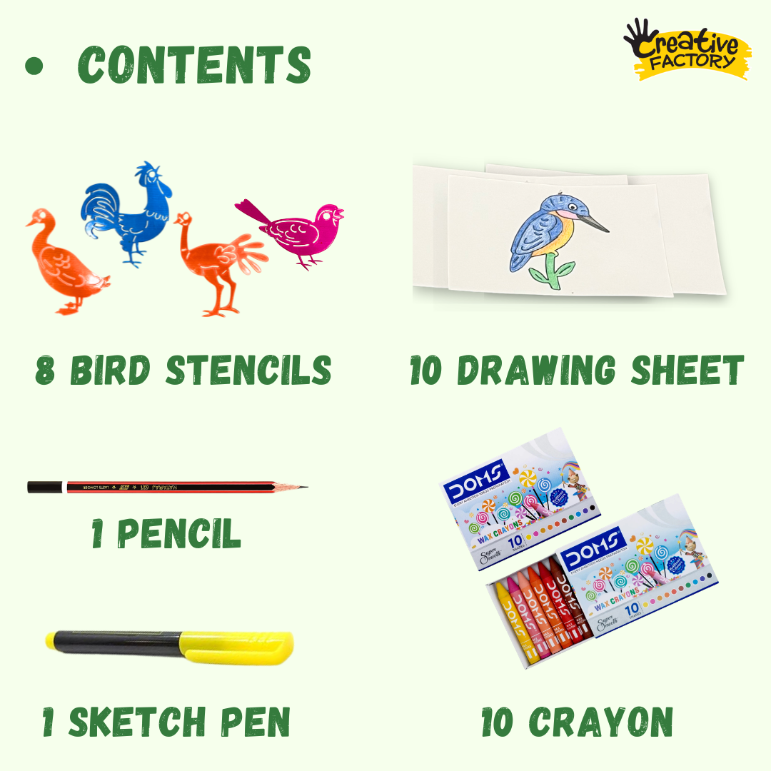 Funcils Birds Stencil Art 8 Piece Set with Crayons 3+ Years