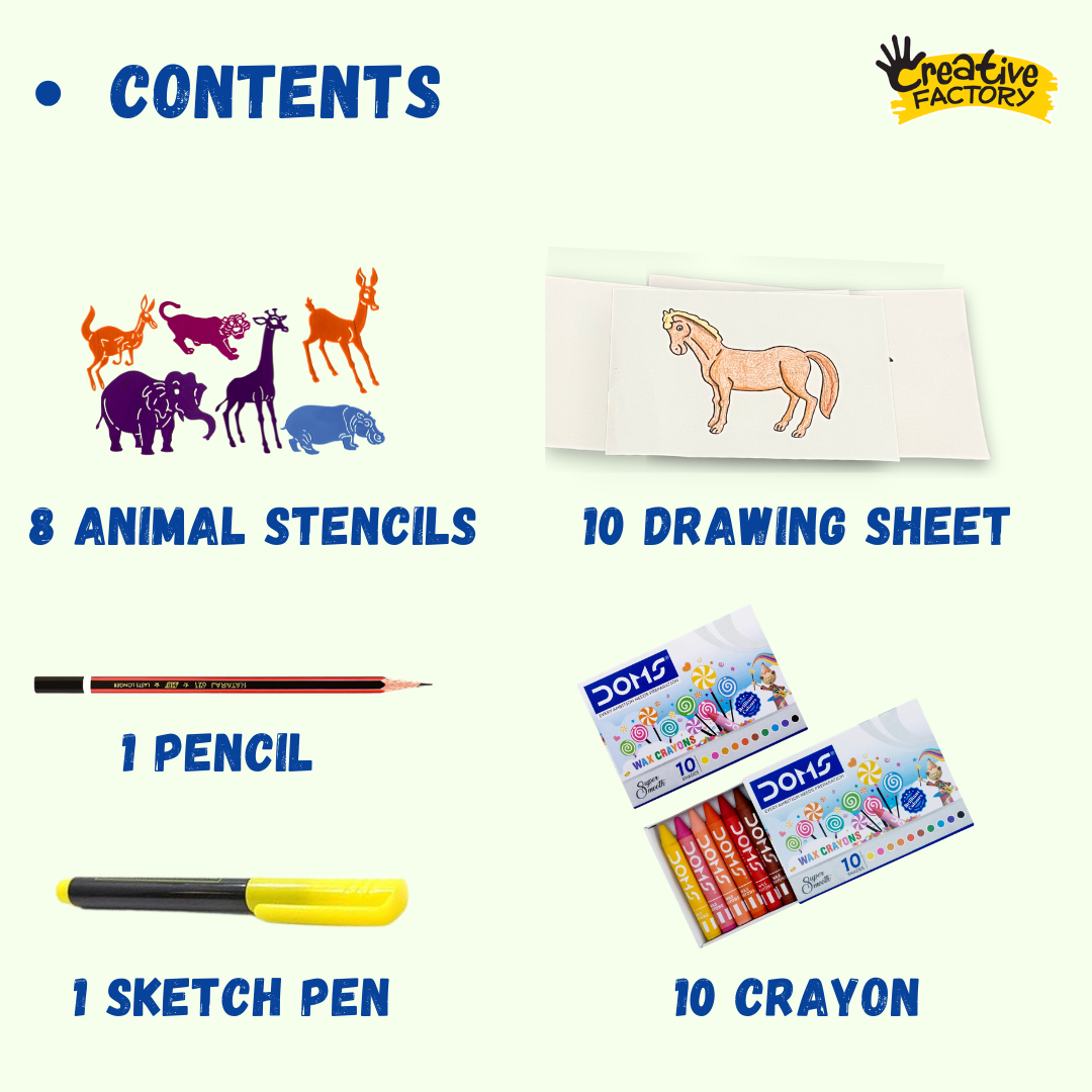 Funcils Animals 8 Piece Stencil Art Set with Crayons 3+ Years